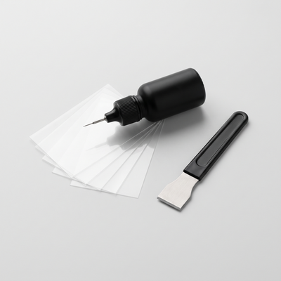 HERNANDEZ GlassFix windshield repair kit: resin applicator, curing films and razor blade