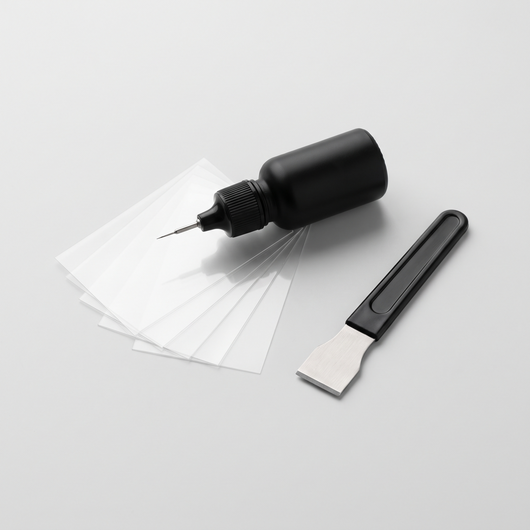 HERNANDEZ GlassFix windshield repair kit: resin applicator, curing films and razor blade
